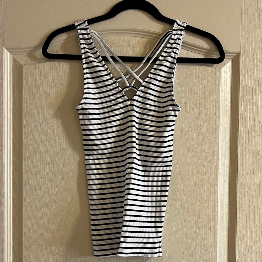 Express Black & White Striped Crisscross Tank